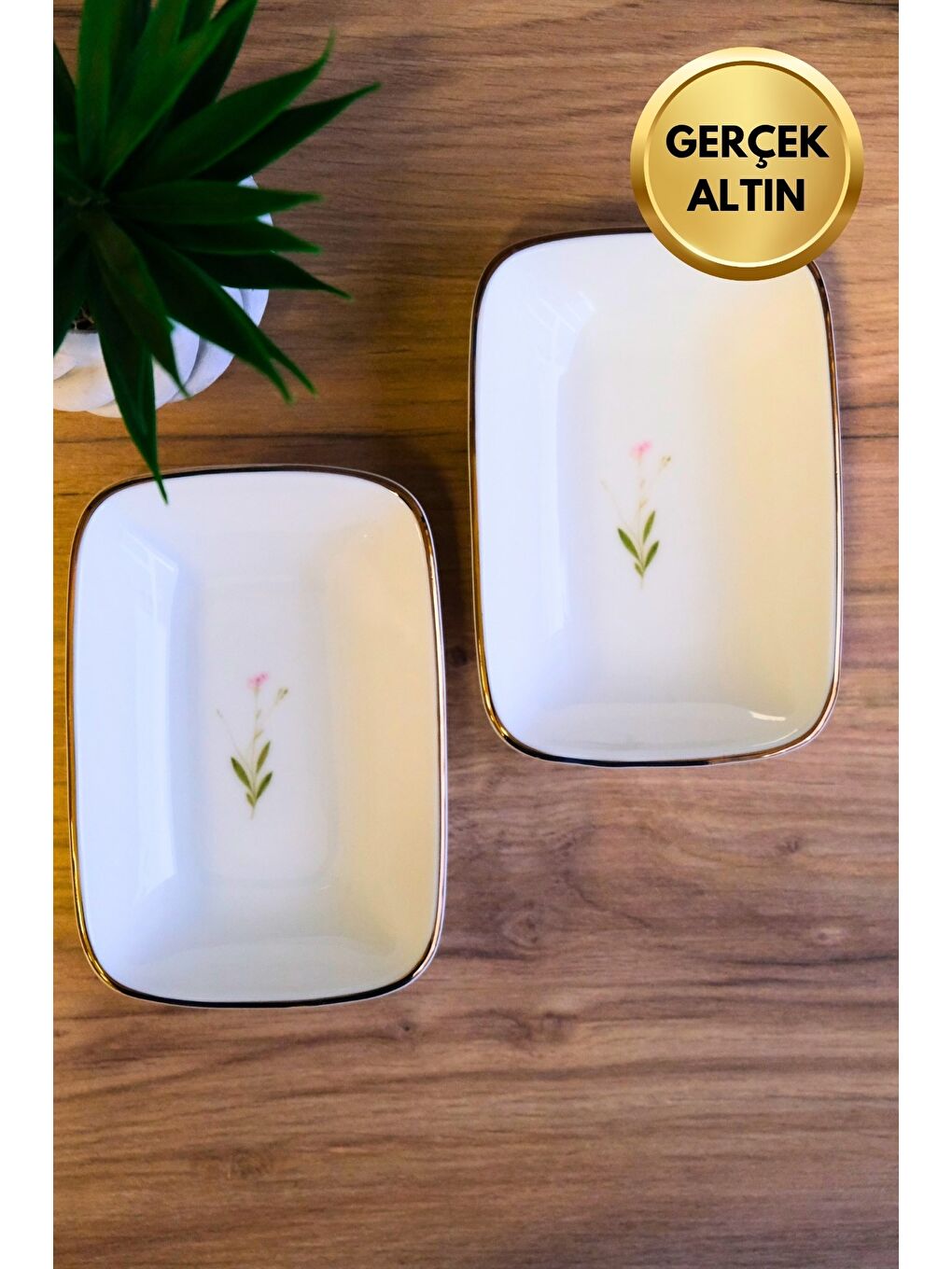 Karışık Porselen Natura Çuha Altın Yaldızlı Dikdörtgen Kayık Tabak 14X9,8cm 2 li