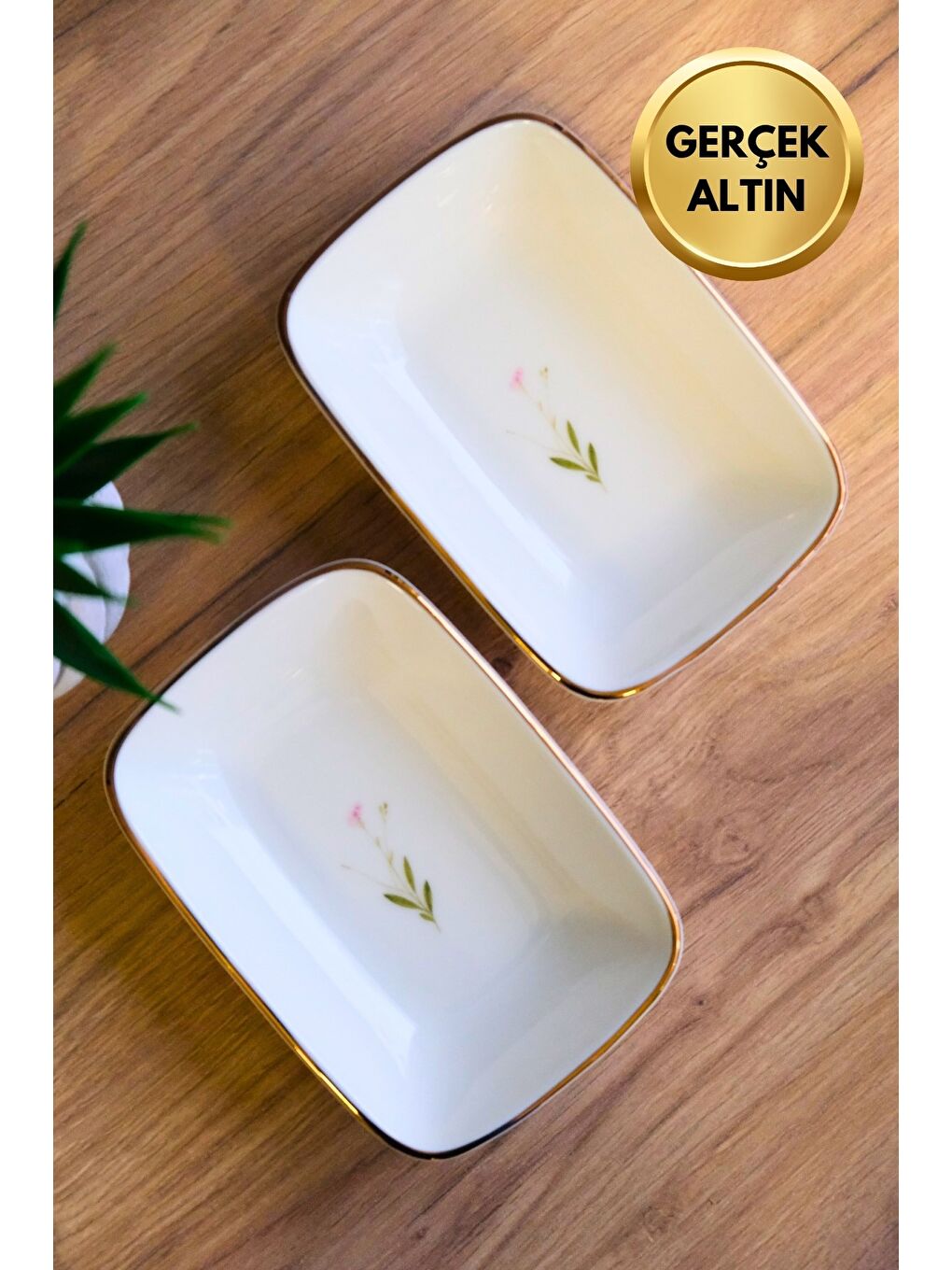 Karışık Porselen Natura Çuha Altın Yaldızlı Dikdörtgen Kayık Tabak 14X9,8cm 2 li-2