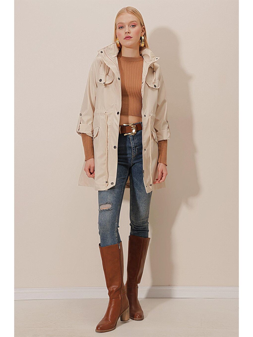 Ekru Kapüşonlu Kapak Cepli TRENÇ-3