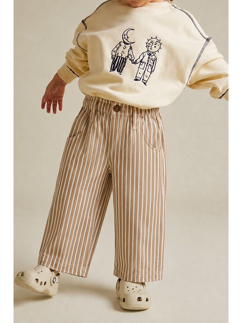 Bej Unisex Çocuk Çizgili Beli Lastikli Rahat Pantolon
