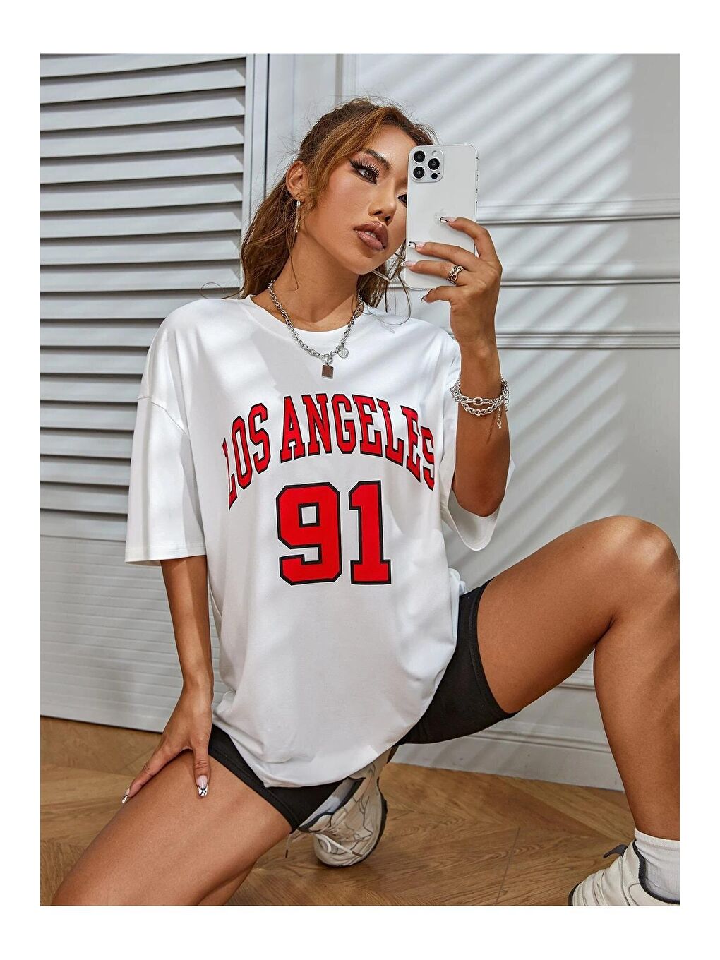 Trendseninle Beyaz Kadın Beyaz Los Angeles 91 Baskılı Oversize Tişört - 3