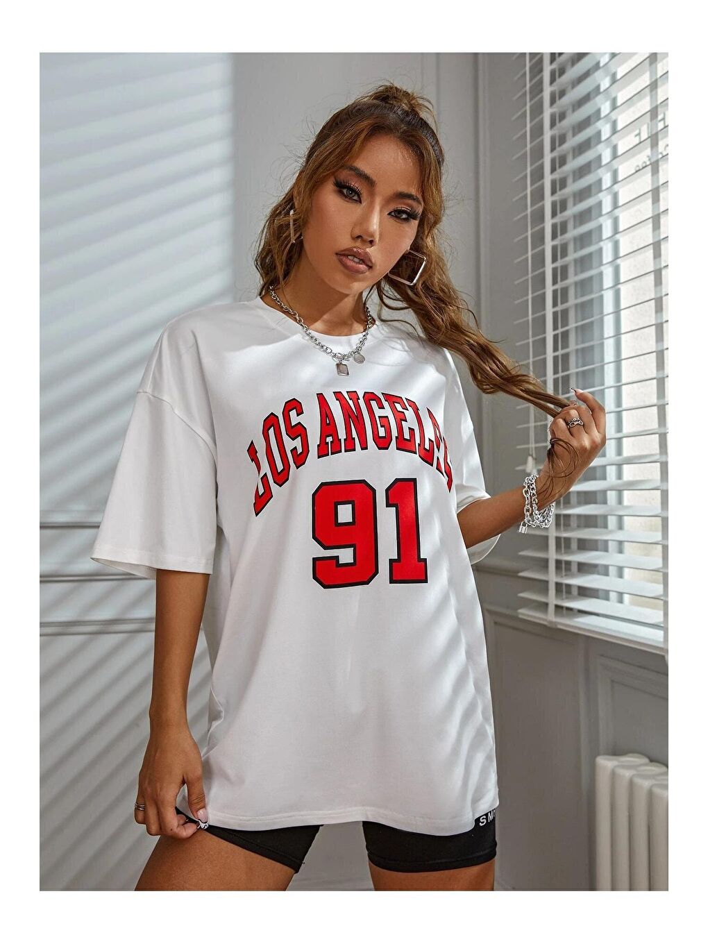 Trendseninle Beyaz Kadın Beyaz Los Angeles 91 Baskılı Oversize Tişört - 4