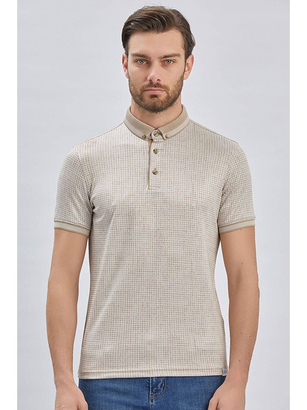 Bej Desenli Merserize Düğmeli Yaka Pamuklu Casual Slim Fit Dar Kesim Tişört 1011240161