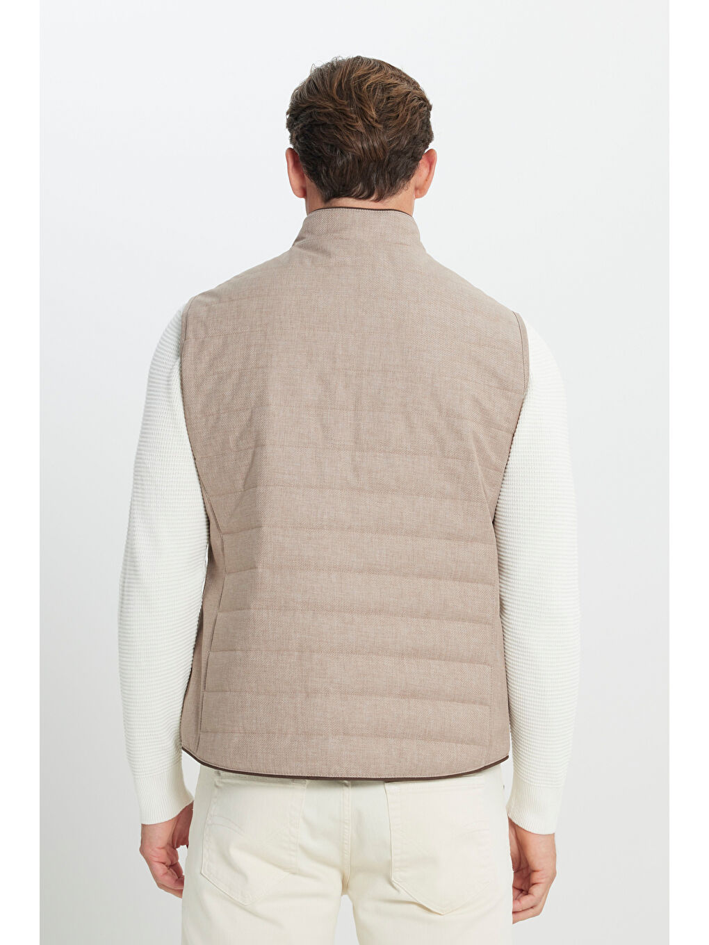 Erkek Bej Pamuklu Standart Fit Normal Kesim Dik Yaka Diagonal Desenli Casual Yelek-6