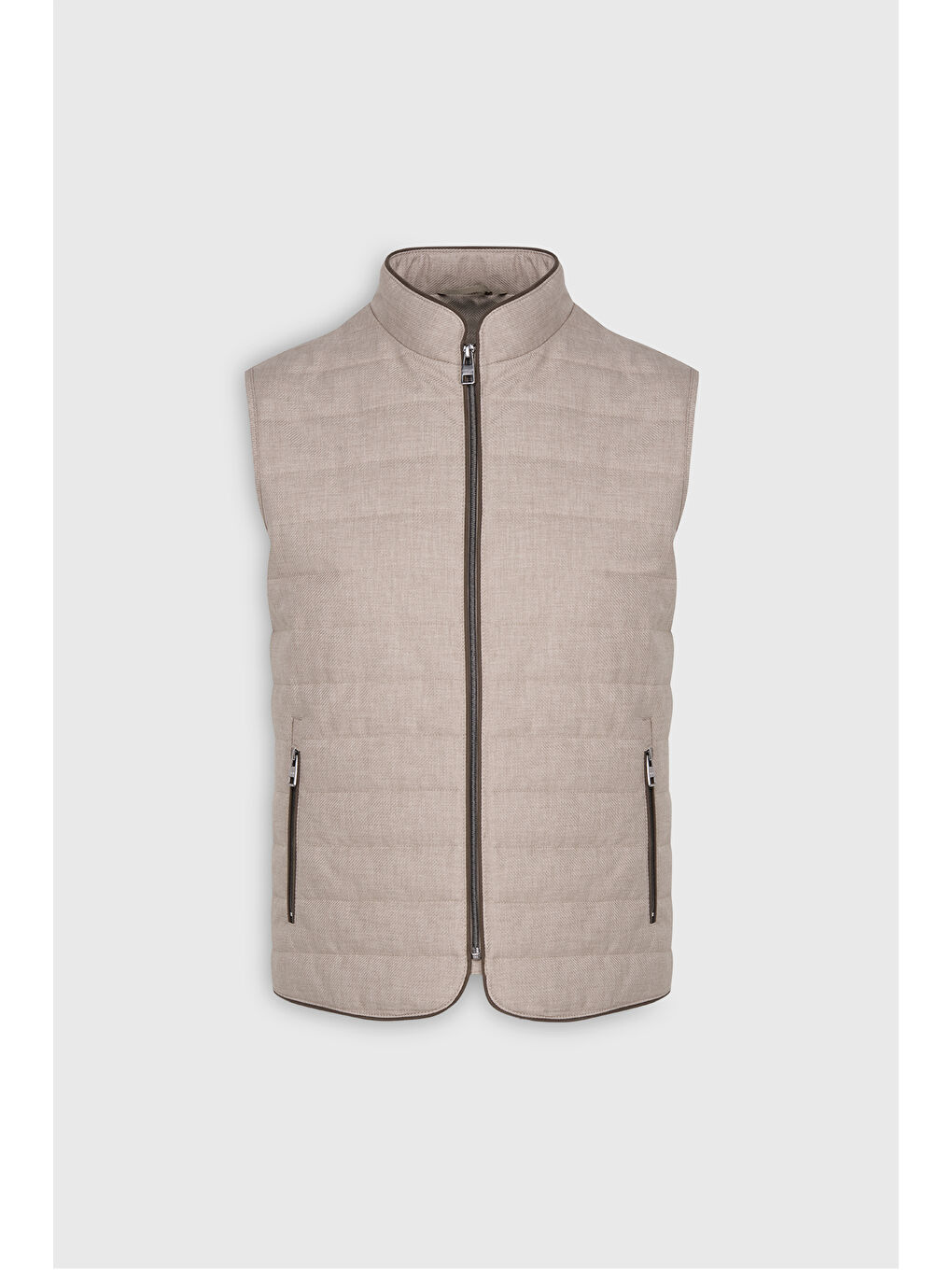 Erkek Bej Pamuklu Standart Fit Normal Kesim Dik Yaka Diagonal Desenli Casual Yelek-7