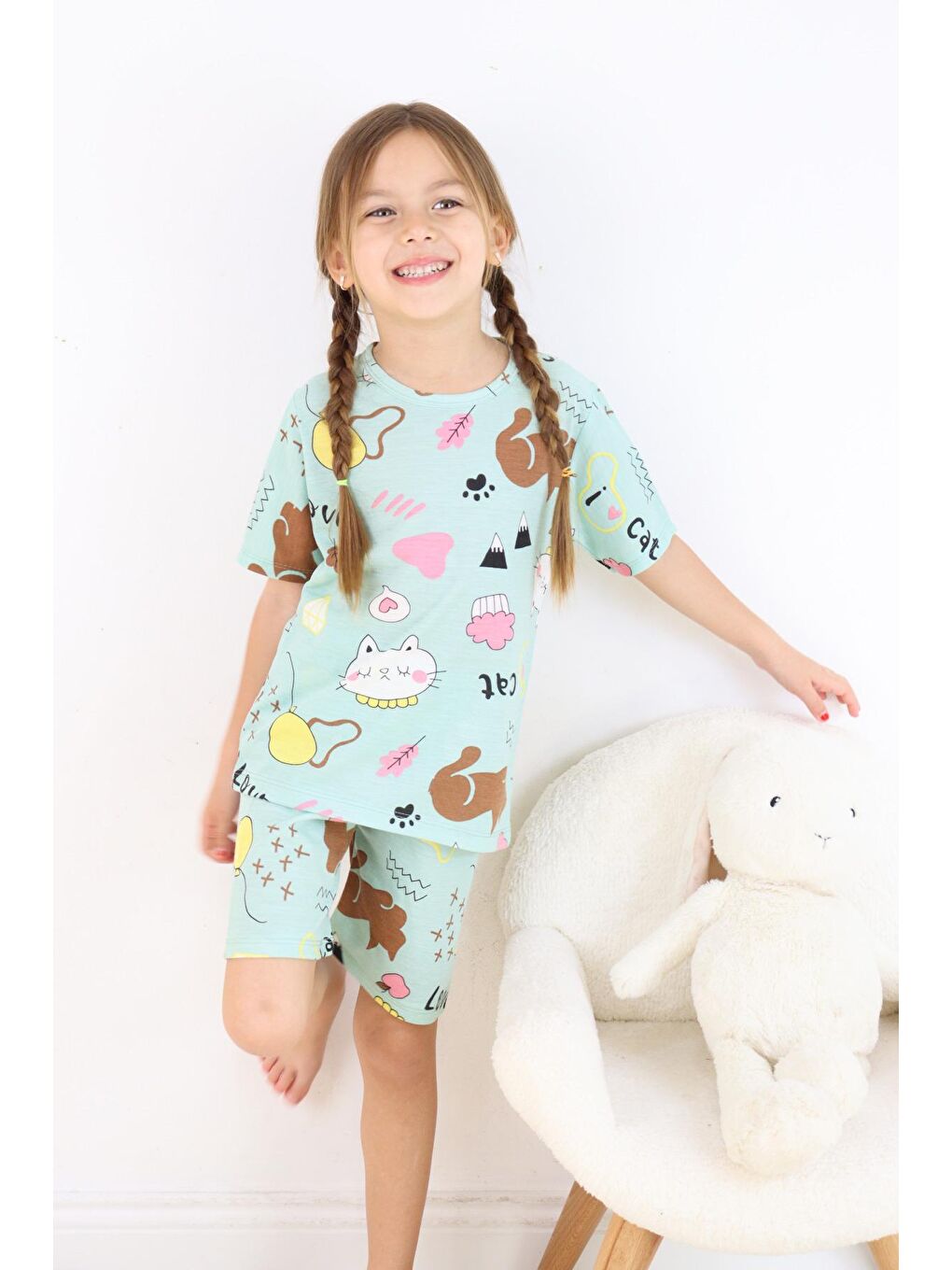 Harika KIDS Yeşil Kız Çocuk Pamuklu Penye Kumaş Şortlu Pijama Takımı