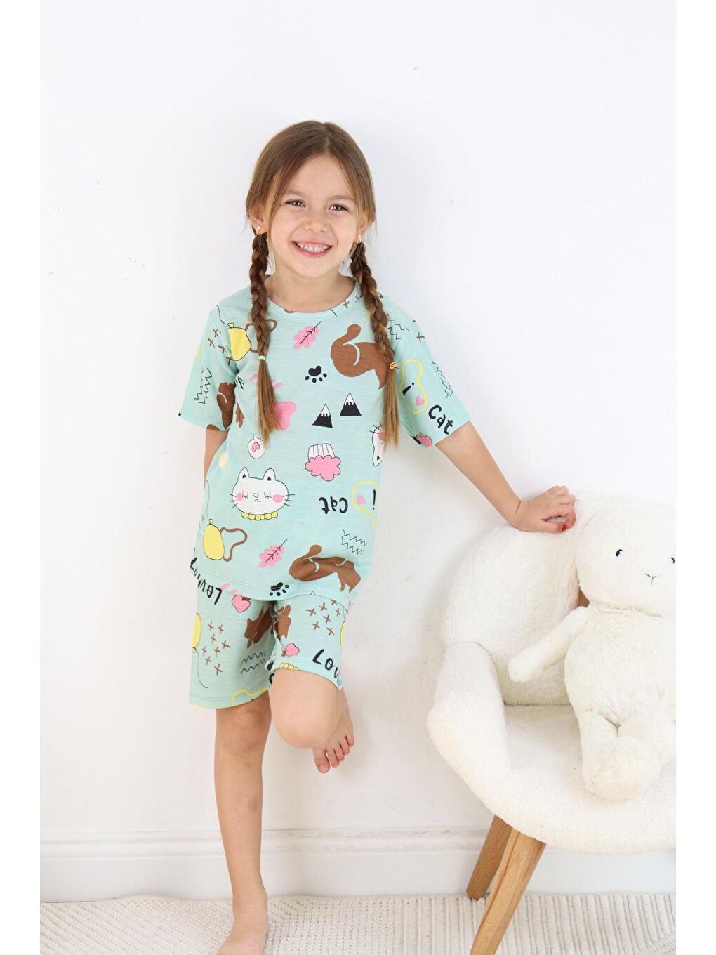 Harika KIDS Yeşil Kız Çocuk Pamuklu Penye Kumaş Şortlu Pijama Takımı - 1