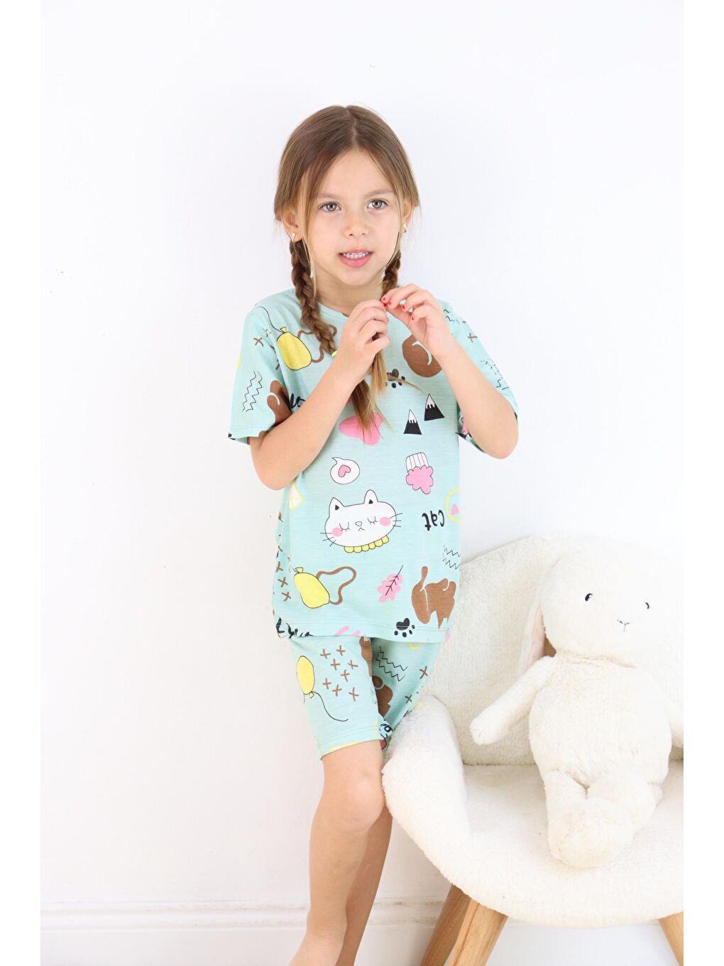 Harika KIDS Yeşil Kız Çocuk Pamuklu Penye Kumaş Şortlu Pijama Takımı - 2