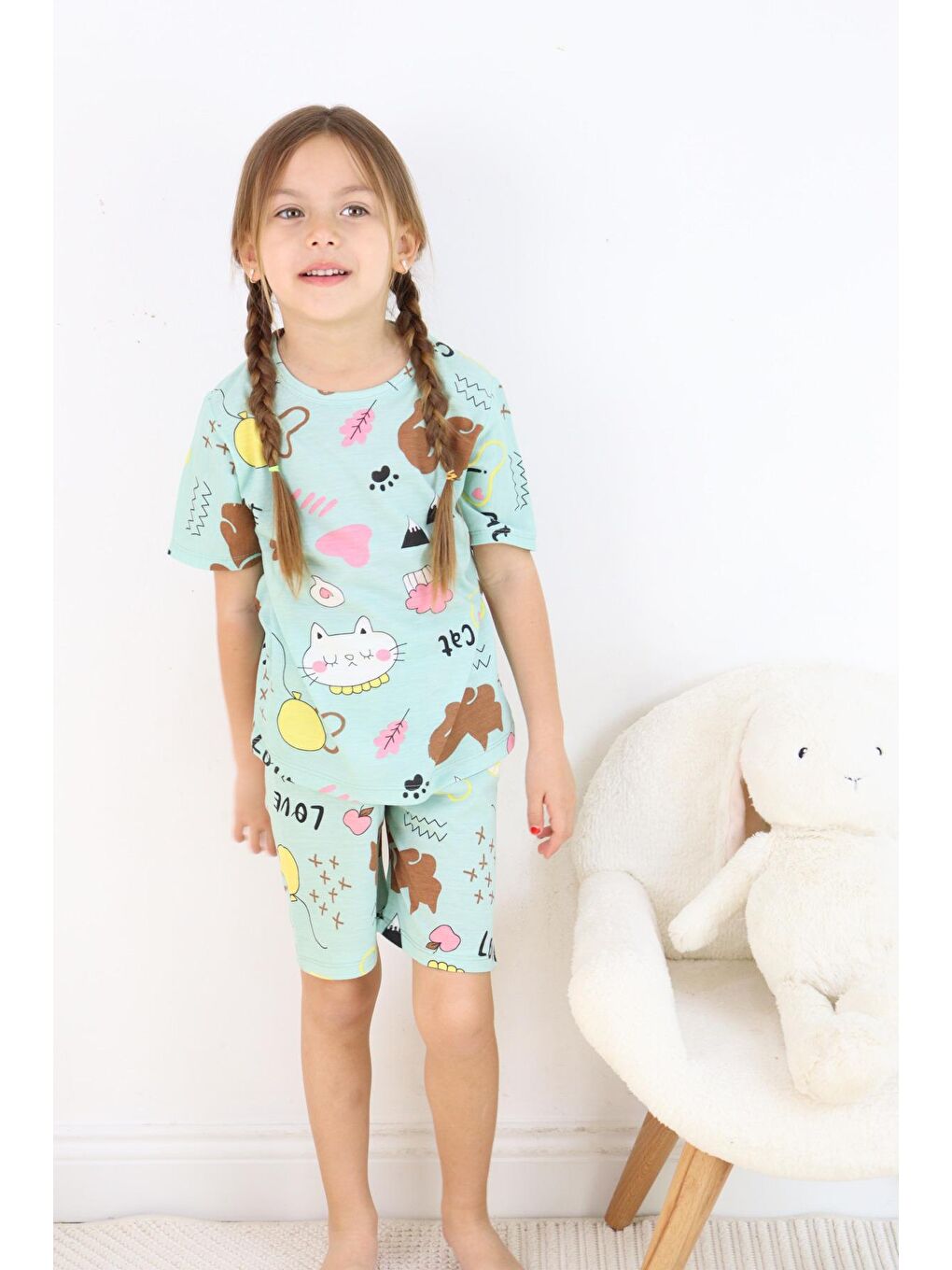 Harika KIDS Yeşil Kız Çocuk Pamuklu Penye Kumaş Şortlu Pijama Takımı - 3