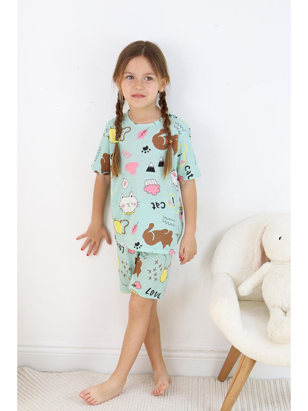 Harika KIDS Yeşil Kız Çocuk Pamuklu Penye Kumaş Şortlu Pijama Takımı - 4