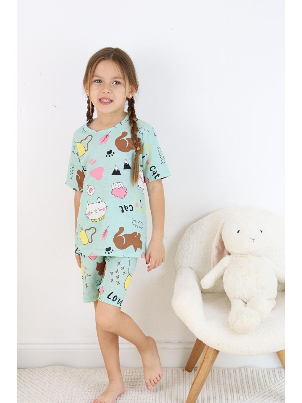 Harika KIDS Yeşil Kız Çocuk Pamuklu Penye Kumaş Şortlu Pijama Takımı - 5