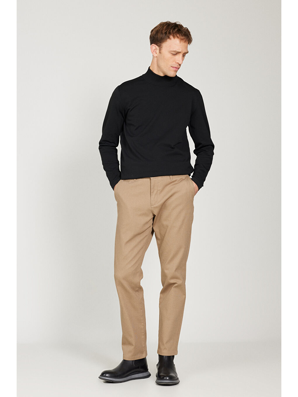 Bej Erkek Vizon Comfort Fit Rahat Kesim Yan Cep Esnek Armürlü Pantolon-1