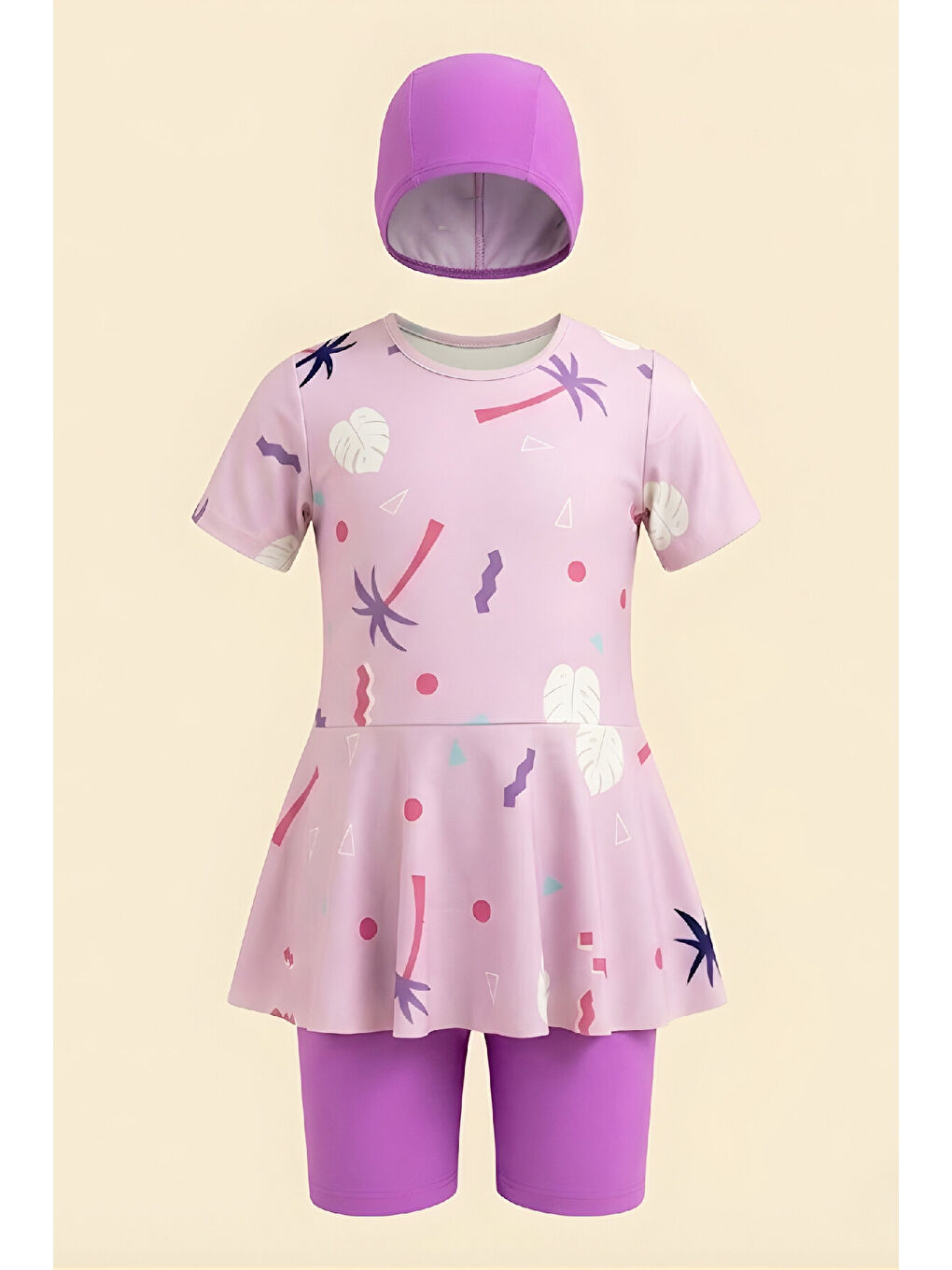 Lila Kız Çocuk 3'lü Mayo Takımı (Tunik Boy Üst+Diz Boy Alt ve Bone) 7-16 Yaş 12600B-2