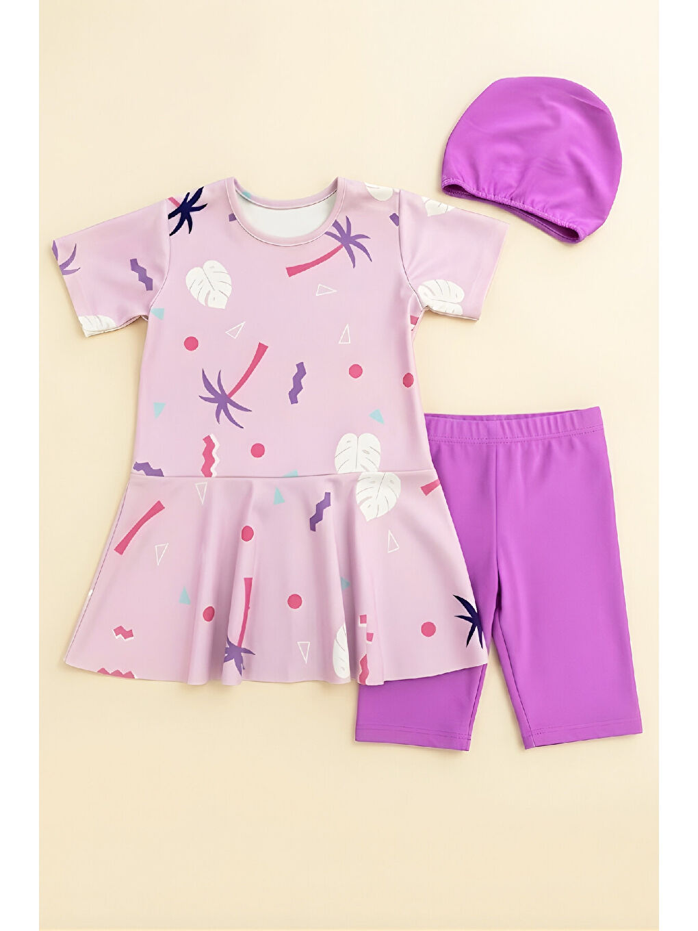 Lila Kız Çocuk 3'lü Mayo Takımı (Tunik Boy Üst+Diz Boy Alt ve Bone) 7-16 Yaş 12600B-3