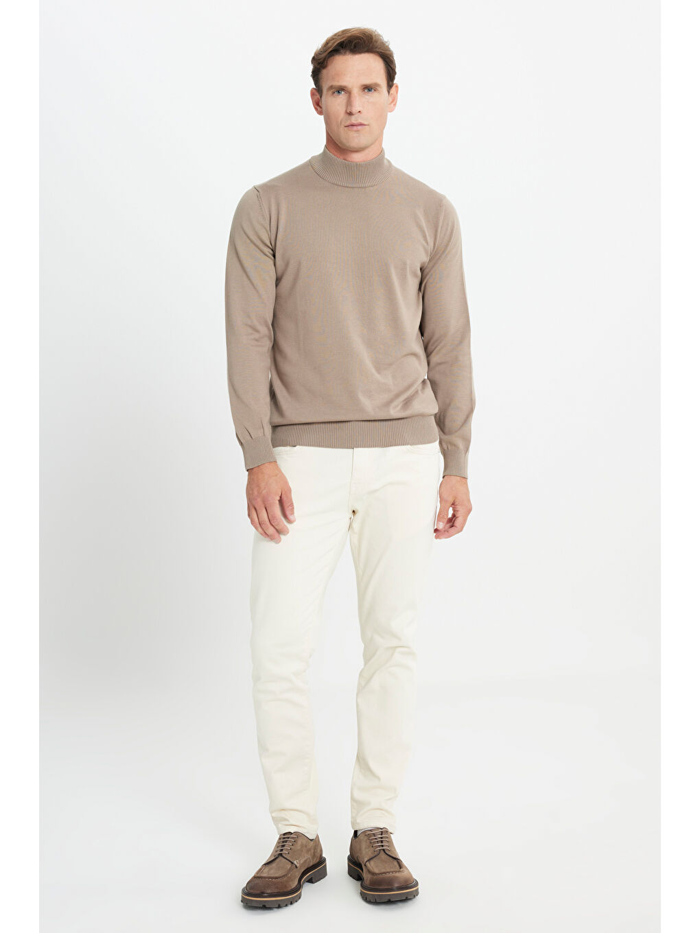 Bej Erkek Vizon Pamuklu Standart Fit Normal Kesim Yarım Balıkçı Yaka Triko Kazak-1