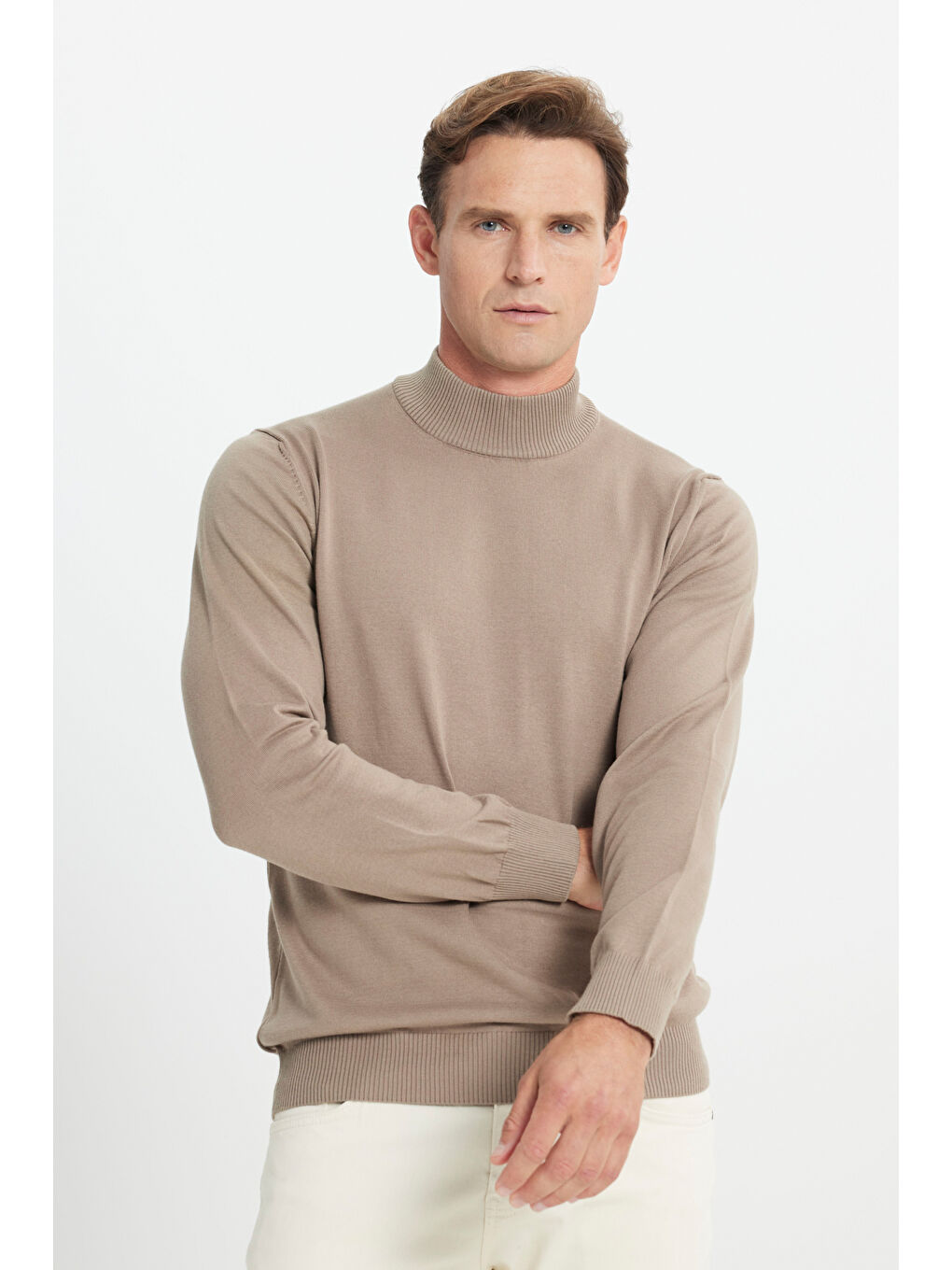 Bej Erkek Vizon Pamuklu Standart Fit Normal Kesim Yarım Balıkçı Yaka Triko Kazak-2