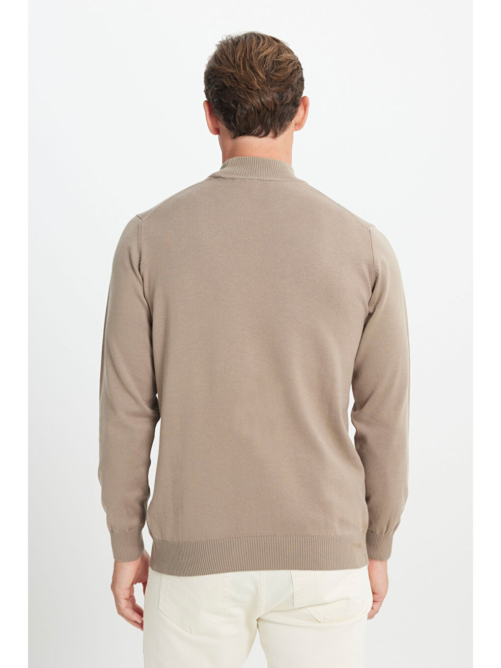 Bej Erkek Vizon Pamuklu Standart Fit Normal Kesim Yarım Balıkçı Yaka Triko Kazak-4