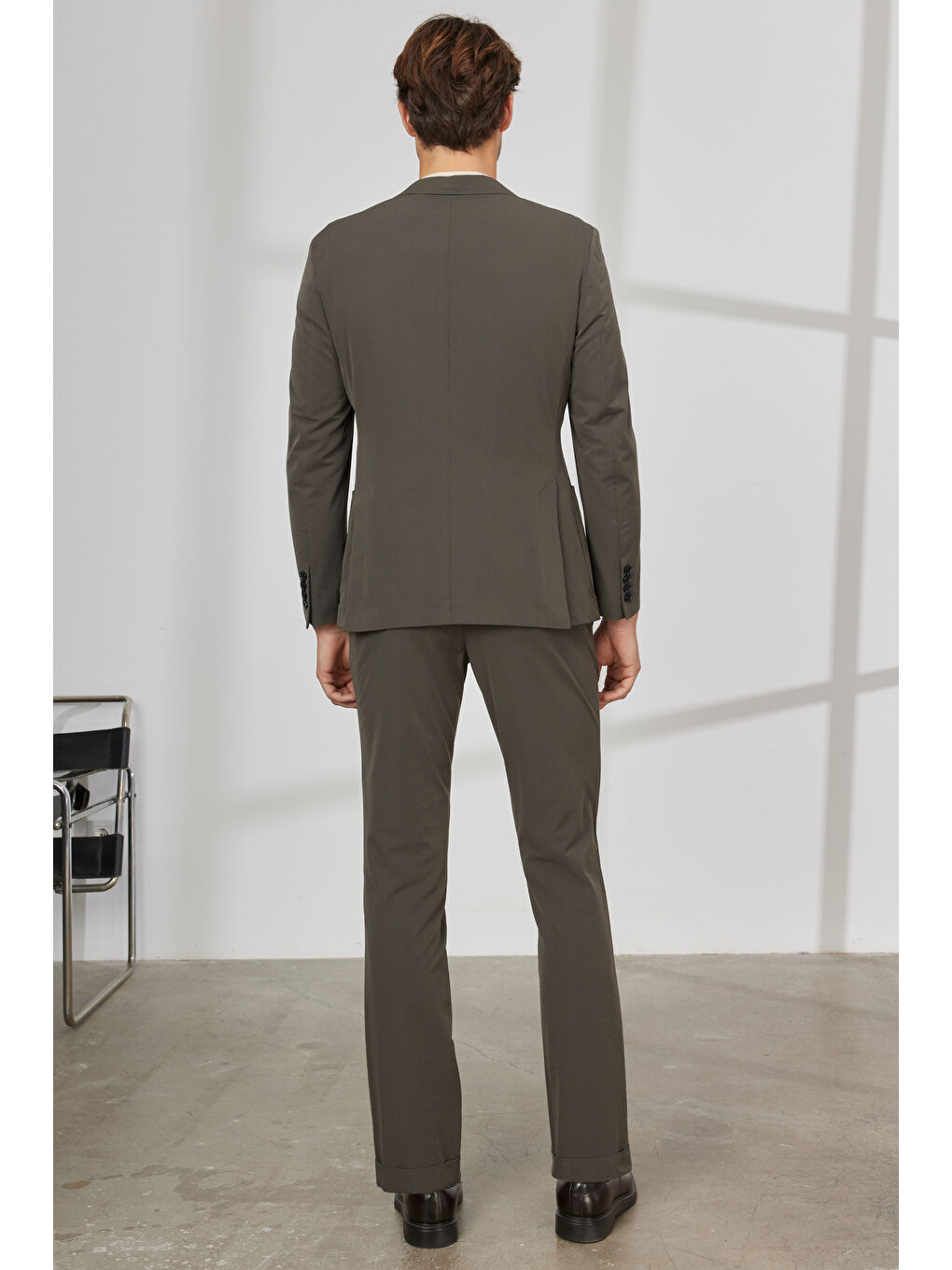 Erkek Haki Slim Fit Dar Kesim Kırlangıç Yaka Çizgili Takım Elbise-7