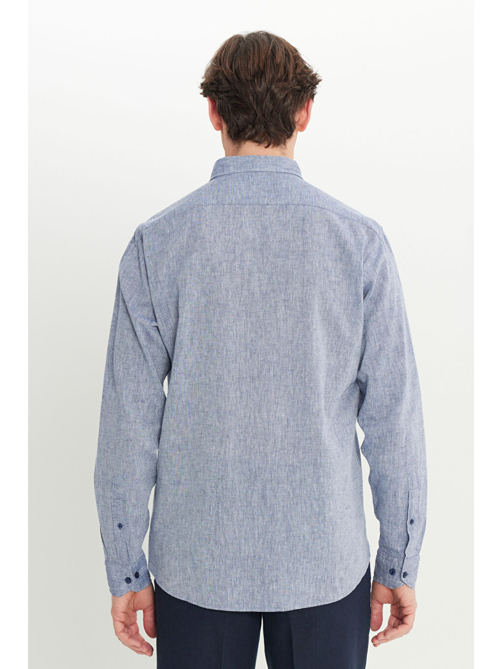 Erkek Lacivert Pamuklu Keten Comfort Fit Rahat Kesim Düğmeli Yaka Armürlü Gömlek-4