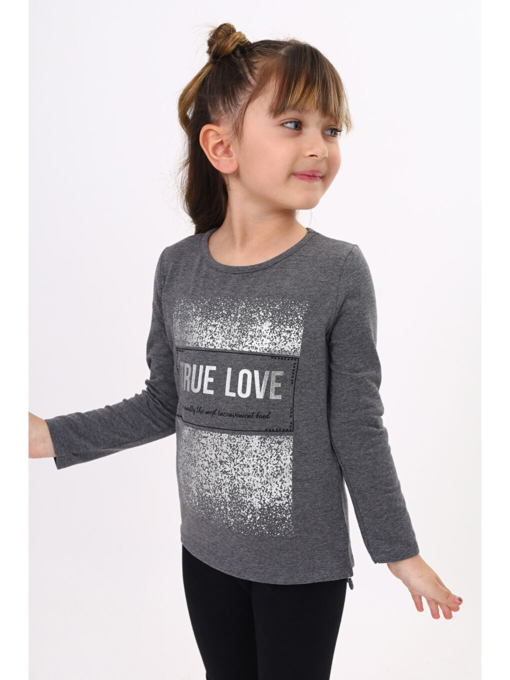 Antrasit Kız Çocuk Varak Baskılı Taş İşlemeli Tişört-1