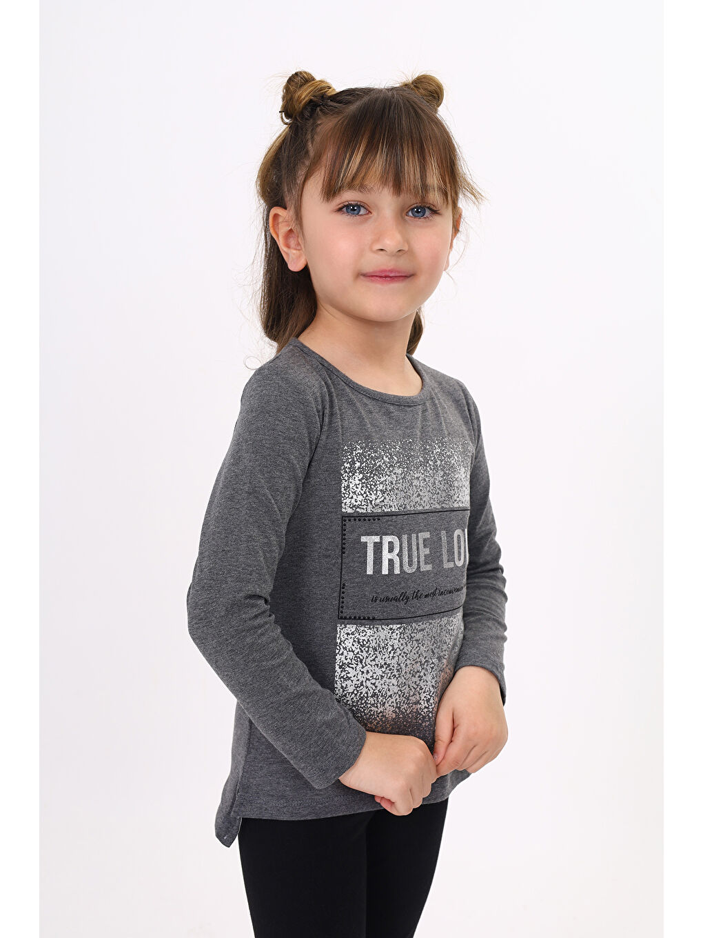 Antrasit Kız Çocuk Varak Baskılı Taş İşlemeli Tişört-2