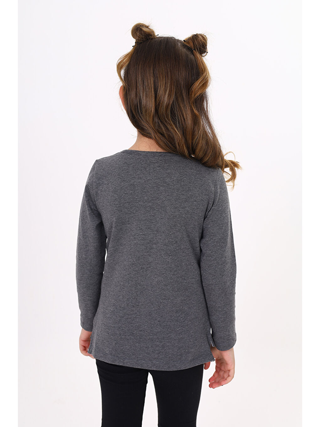 Antrasit Kız Çocuk Varak Baskılı Taş İşlemeli Tişört-3