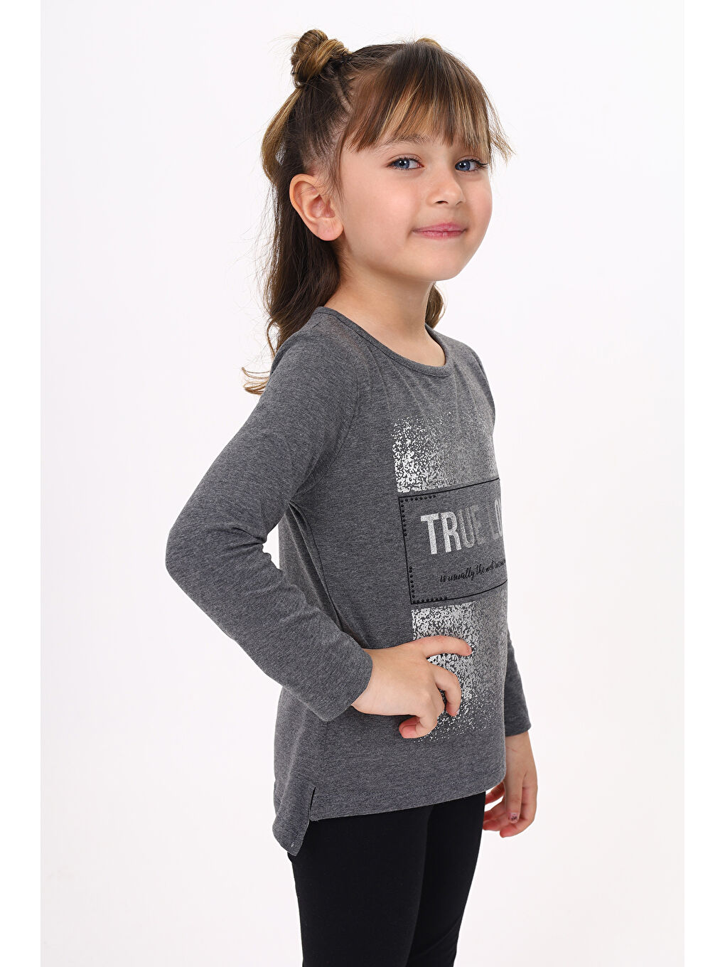 Antrasit Kız Çocuk Varak Baskılı Taş İşlemeli Tişört-4