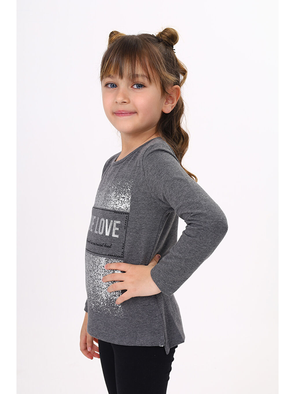 Antrasit Kız Çocuk Varak Baskılı Taş İşlemeli Tişört-5