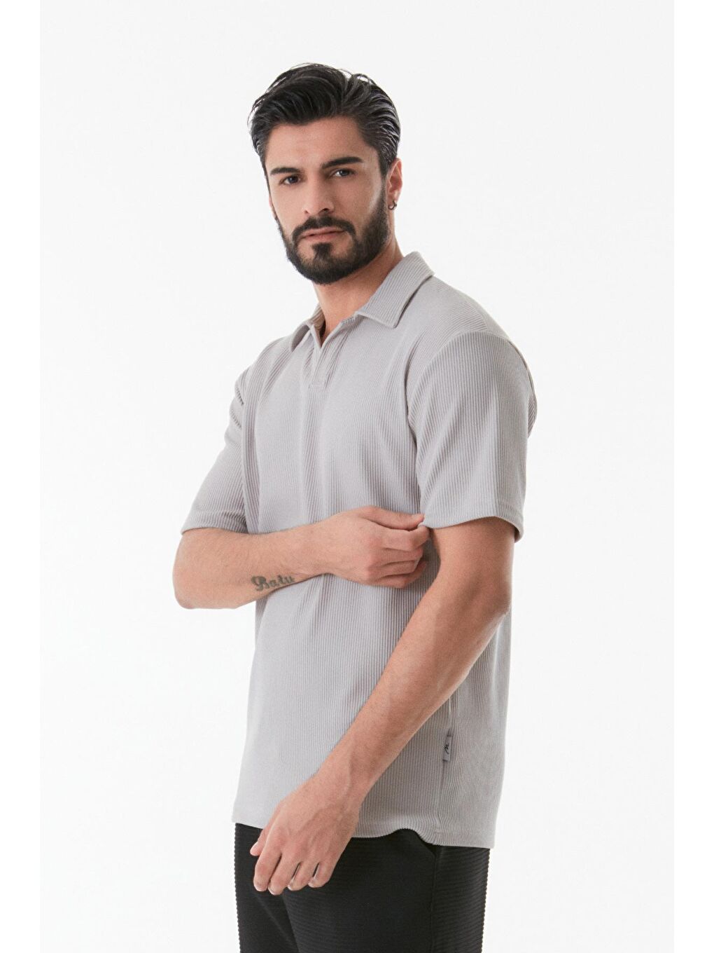 Gri Fitilli Polo Yaka Tişört-1
