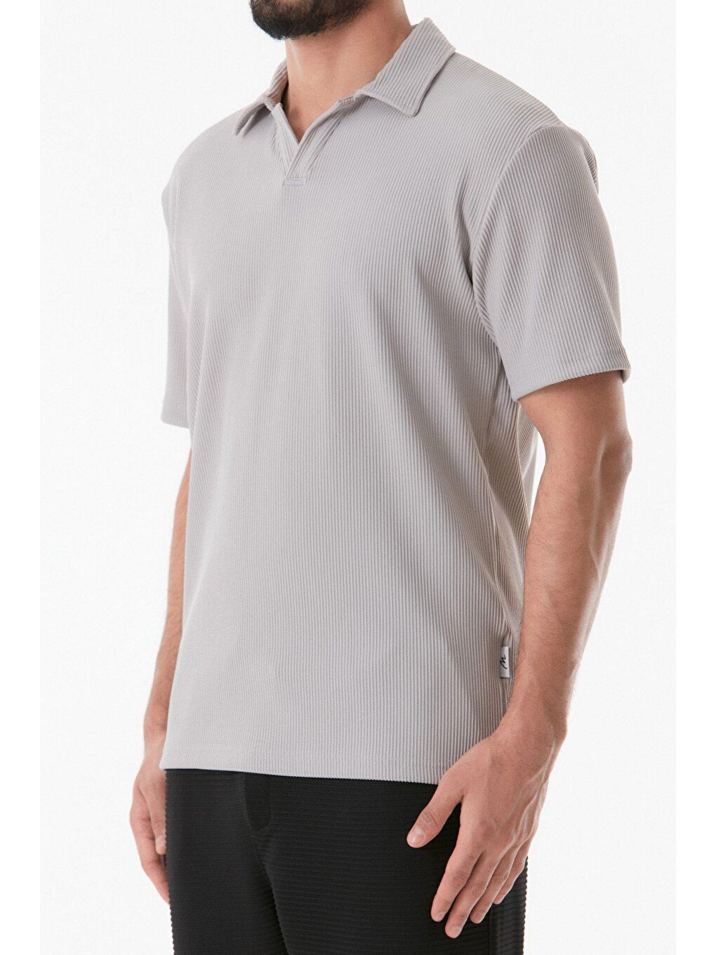 Gri Fitilli Polo Yaka Tişört-4