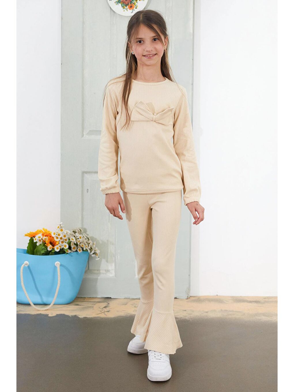 Ekru Kız Çocuk Krem Fiyonklu İspanyol Paça Taytlı Takım 18612