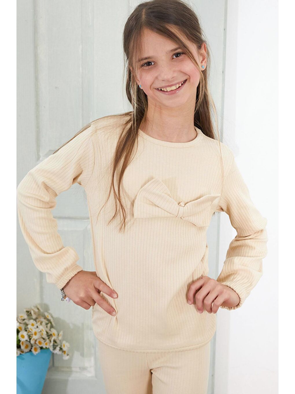 Ekru Kız Çocuk Krem Fiyonklu İspanyol Paça Taytlı Takım 18612-1