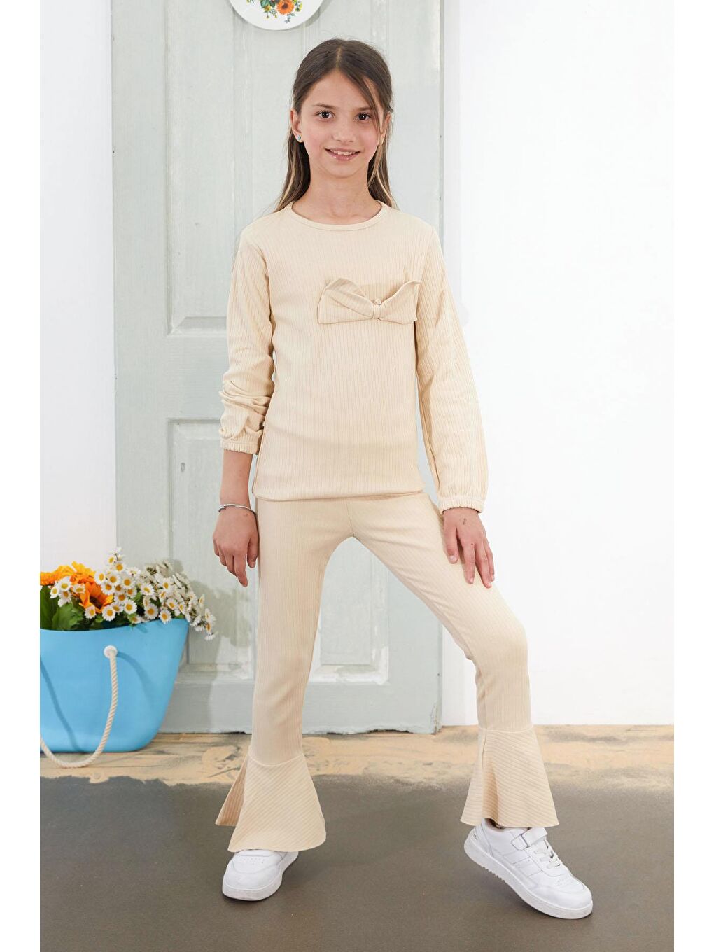 Ekru Kız Çocuk Krem Fiyonklu İspanyol Paça Taytlı Takım 18612-2