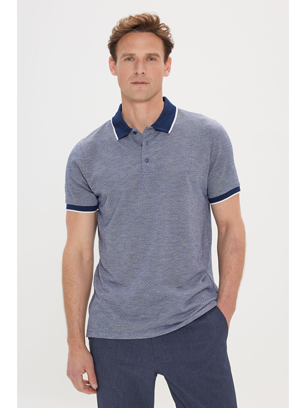 Erkek Lacivert Slim Fit Dar Kesim Polo Yaka Jakarlı Tişört