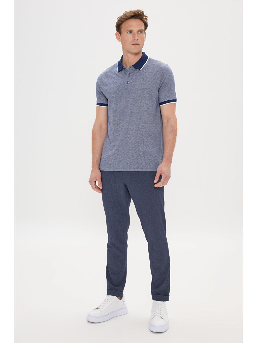 Erkek Lacivert Slim Fit Dar Kesim Polo Yaka Jakarlı Tişört-1