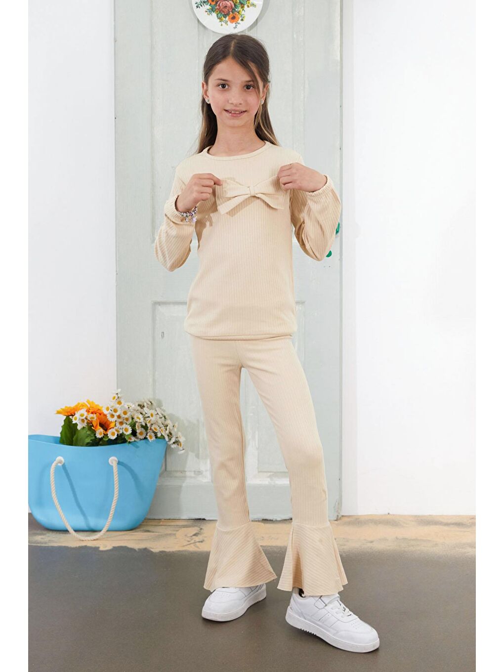 Ekru Kız Çocuk Krem Fiyonklu İspanyol Paça Taytlı Takım 18612-3