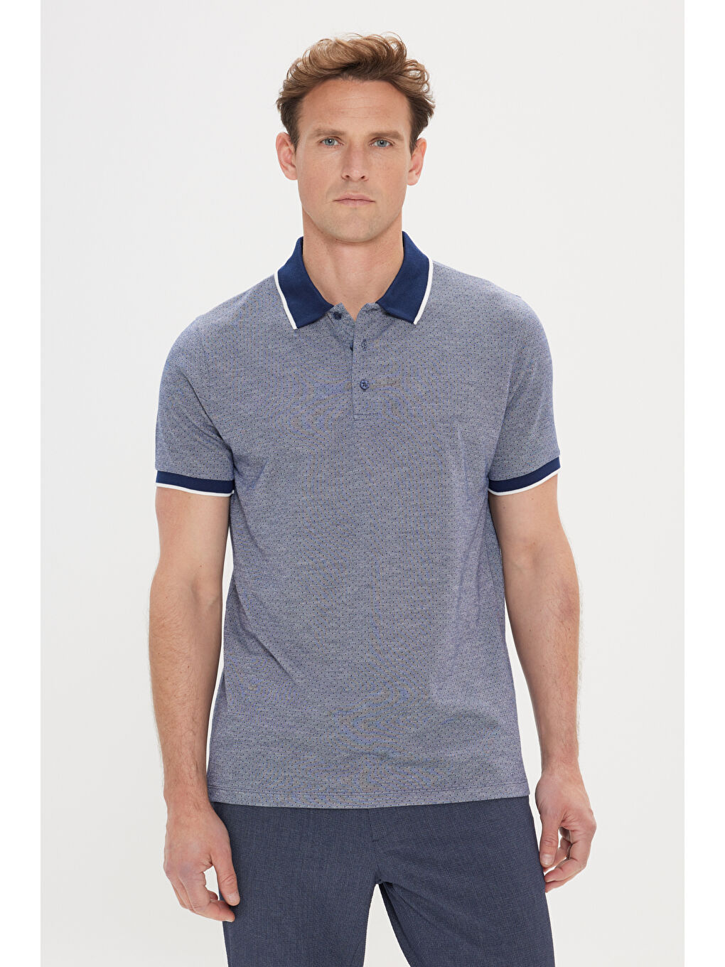 Erkek Lacivert Slim Fit Dar Kesim Polo Yaka Jakarlı Tişört-2