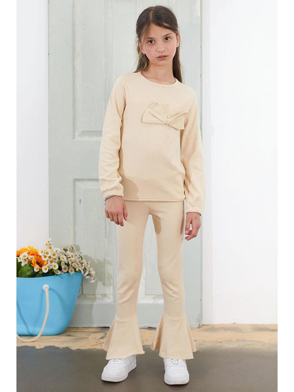 Ekru Kız Çocuk Krem Fiyonklu İspanyol Paça Taytlı Takım 18612-4