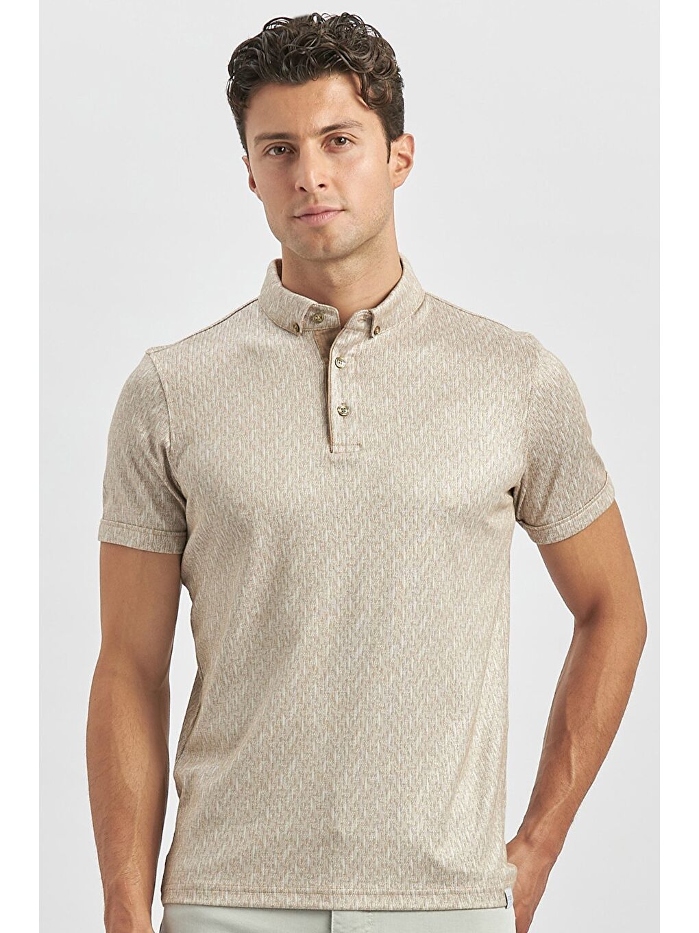 Bej Desenli Merserize Düğmeli Yaka Pamuklu Casual Slim Fit Dar Kesim Tişört 1011240163