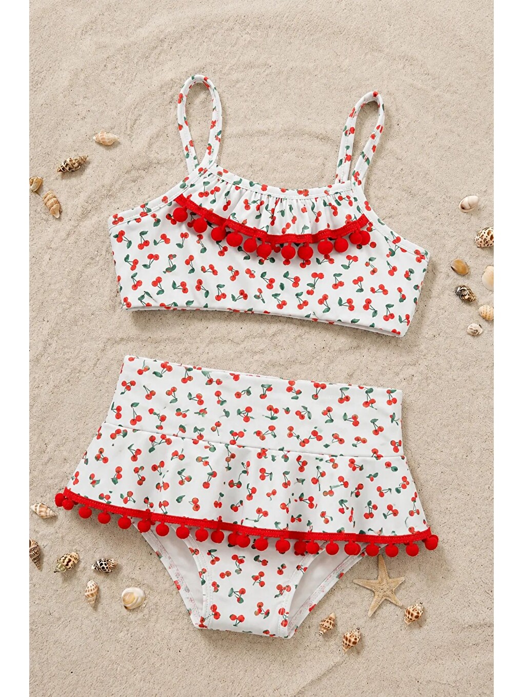 Beyaz Kız Çocuk Askılı Kiraz Desenli Kırmız Ponpon Detaylı Etekli Bikini Takımı-1