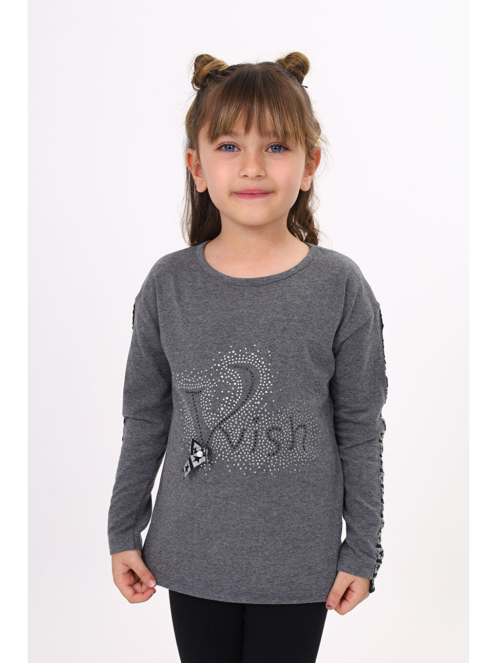 Antrasit Kız Çocuk Taş İşlemeli Şerit Detaylı Tişört