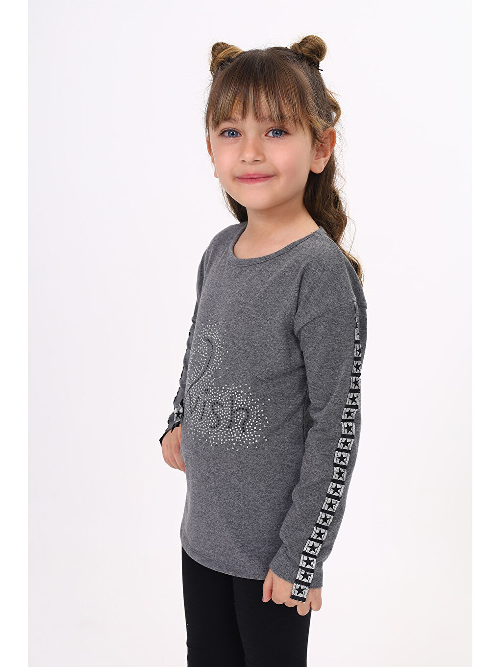 Antrasit Kız Çocuk Taş İşlemeli Şerit Detaylı Tişört-1