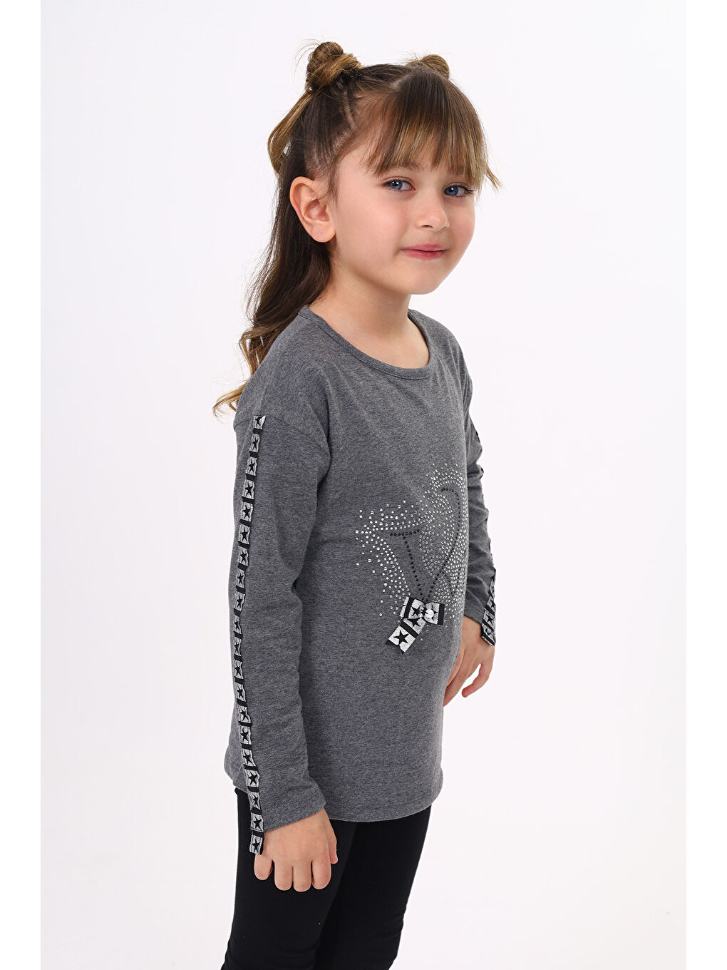 Antrasit Kız Çocuk Taş İşlemeli Şerit Detaylı Tişört-2
