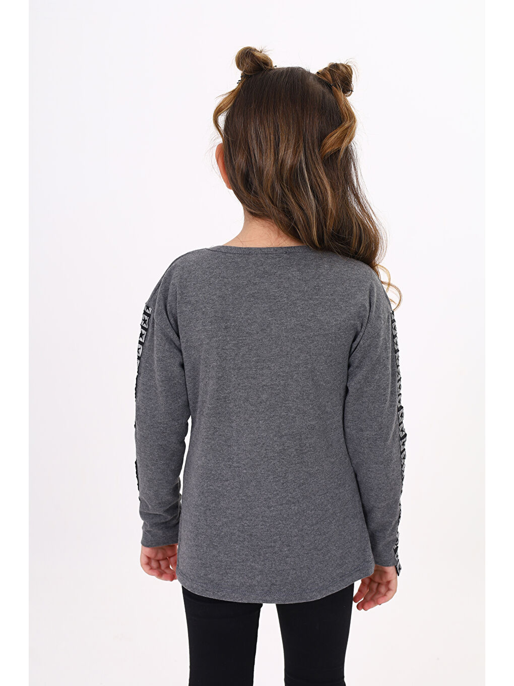 Antrasit Kız Çocuk Taş İşlemeli Şerit Detaylı Tişört-3