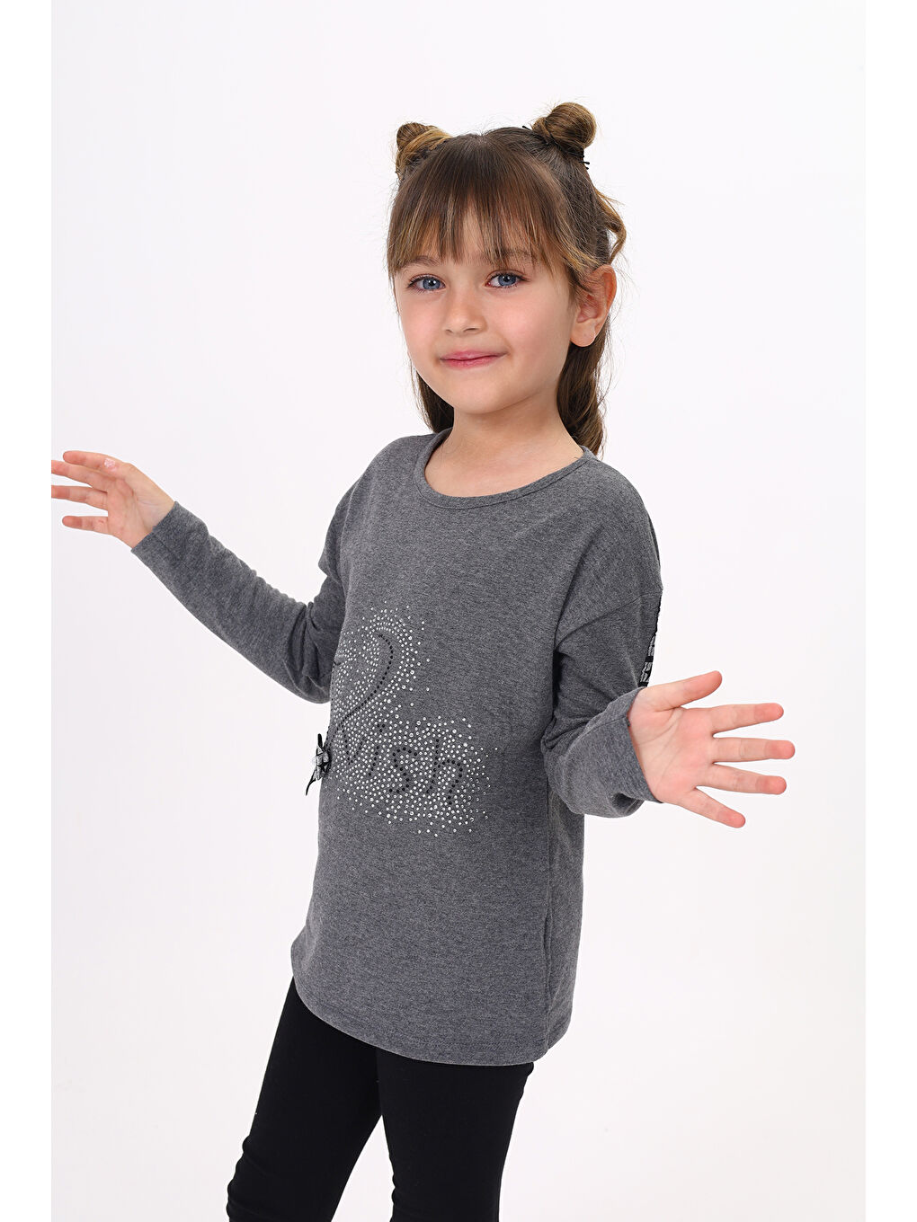 Antrasit Kız Çocuk Taş İşlemeli Şerit Detaylı Tişört-4