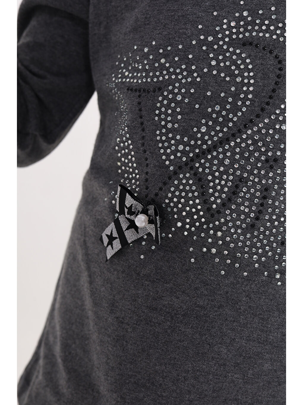 Antrasit Kız Çocuk Taş İşlemeli Şerit Detaylı Tişört-5