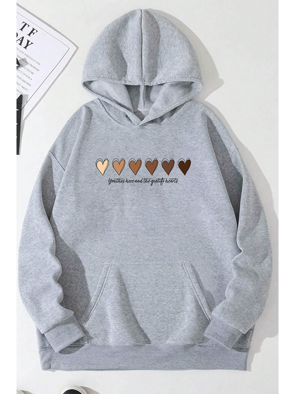 uyguntarz Gri Unisex Kalp Baskılı Oversize Sweatshirt