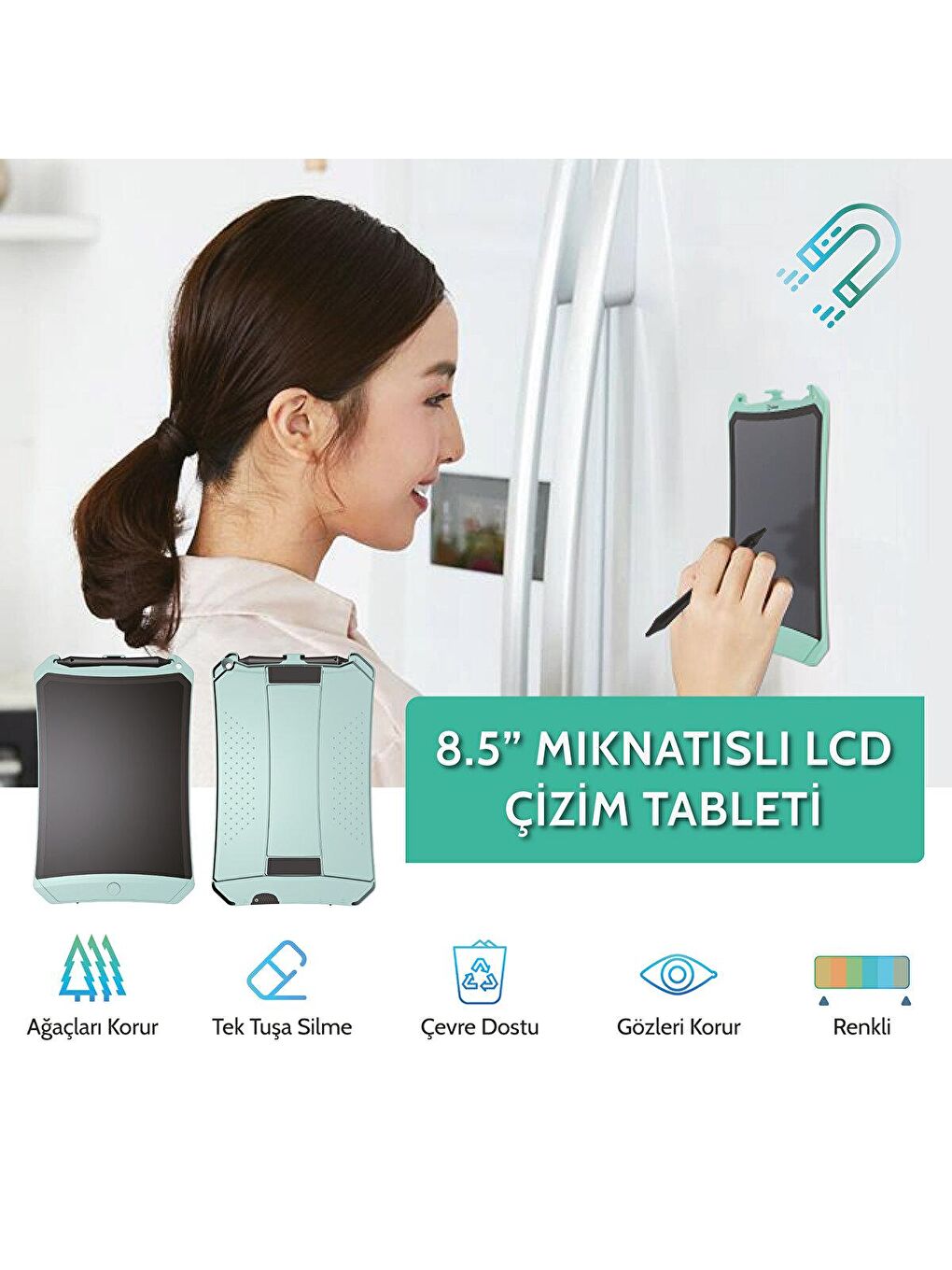Wicue 8,5 LCD Dijital Mıknatıslı Renkli Çizim Tablet - Su Yeşili-2