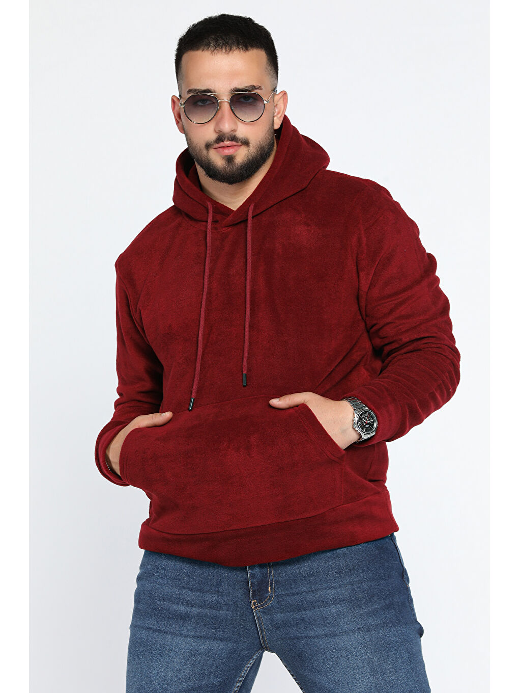 Mishar İtalia Bordo Kapüşonlu Kanguru Cepli Erkek Polar Sweatshirt