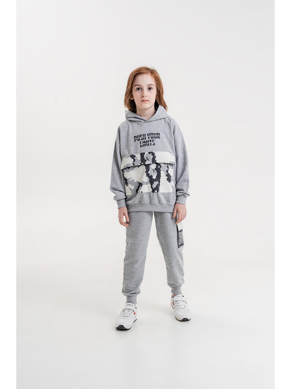 Mışıl Kids Gri Melanj Push Your Limits Baskılı Kapüşonlu Erkek Çocuk Genç Sweatshirt Eşofman Takımı